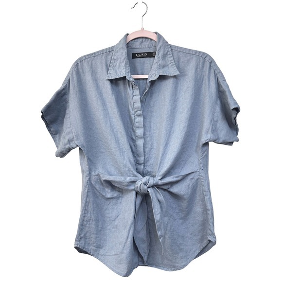 Lauren Ralph Lauren Linen Tie Front Broadcloth Button Up Shirt M Self Waist Tie